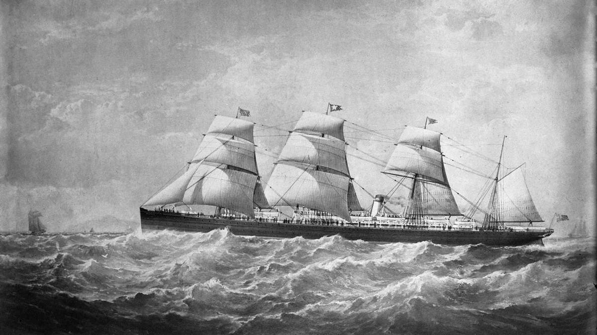 Photograph of a lithograph depicting port profile of ship at sea, c.1872