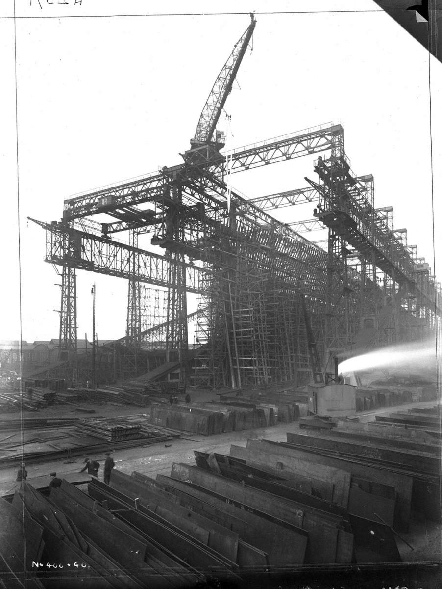 Port bow view fully framed with forward tank top of 'Titanic' on No. 3 slip