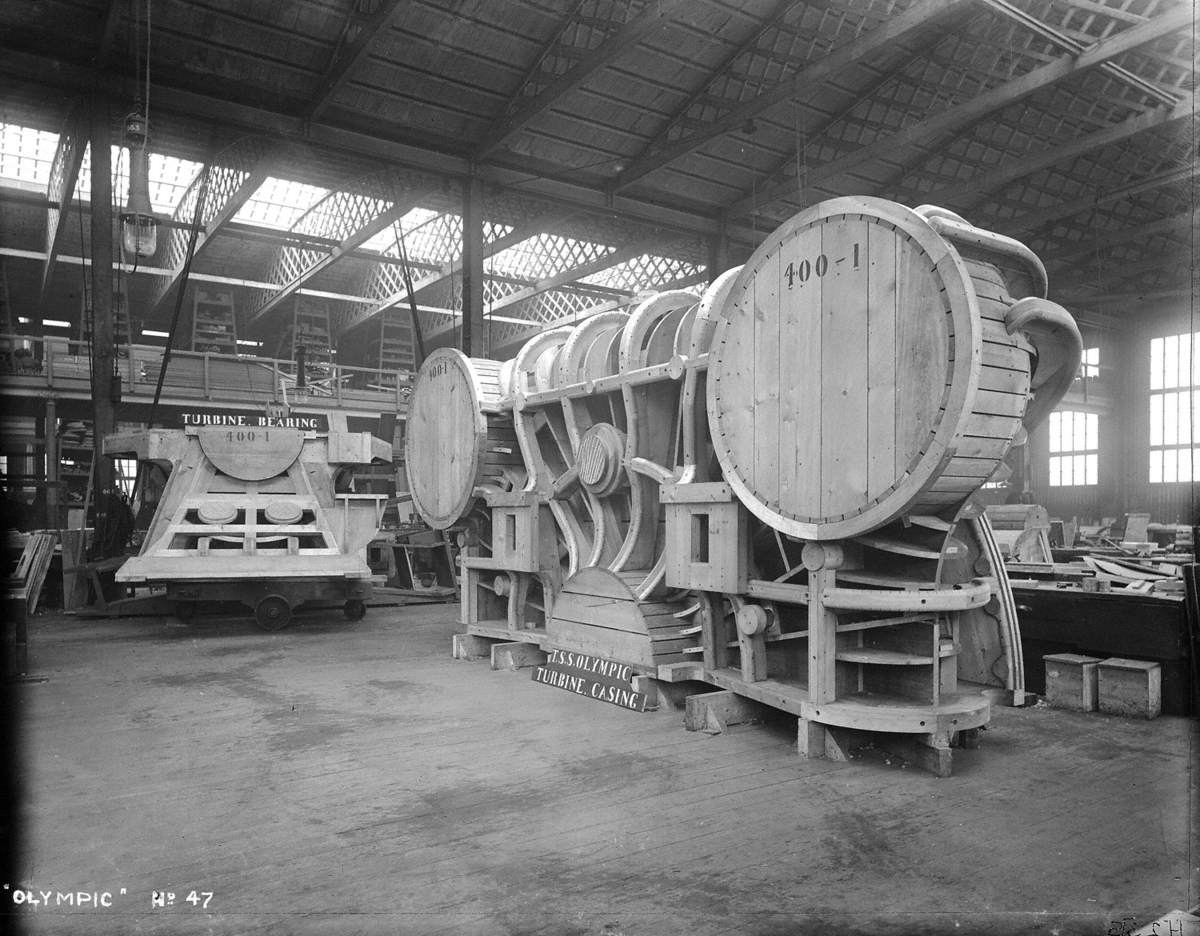 Wooden pattern for part of turbine casing assembled in pattern shop