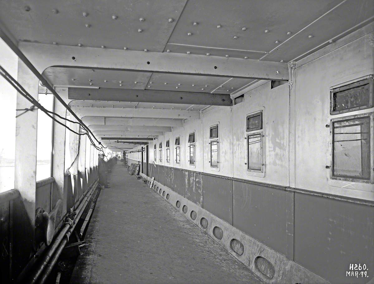 View along promenade deck during outfitting