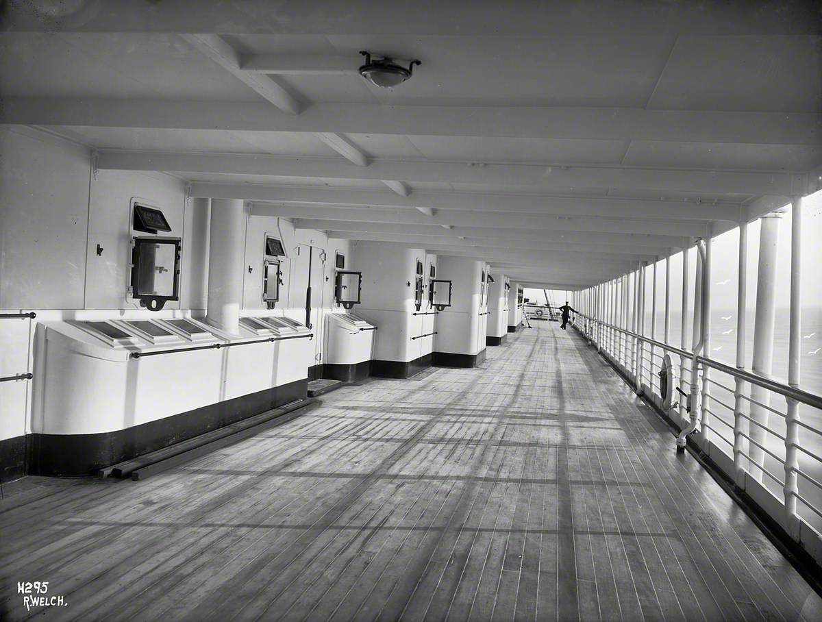 View starboard along starboard promenade deck at library, during trials