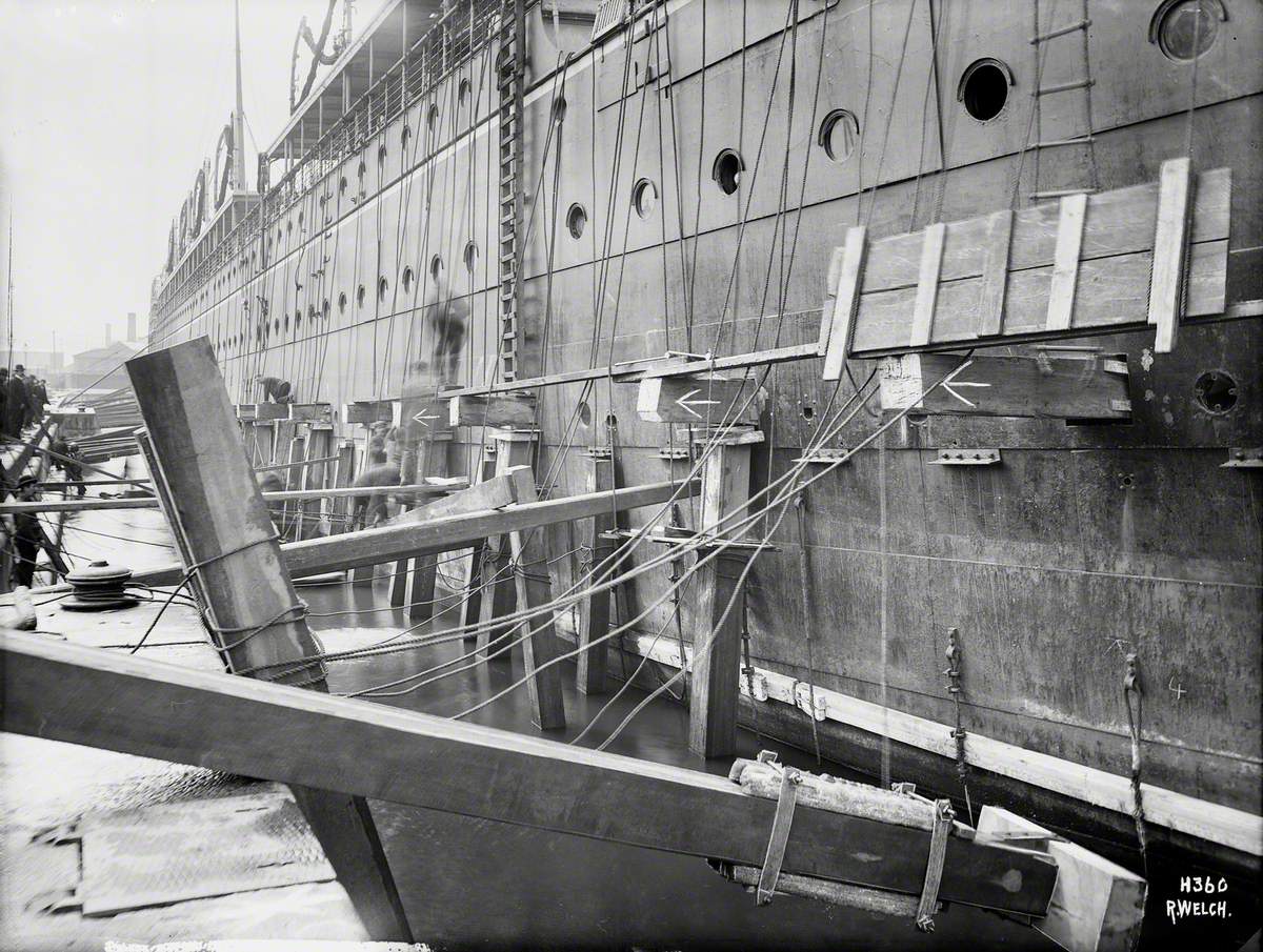 Sequence showing positioning of ship in flooded graving dock with supporting shores
