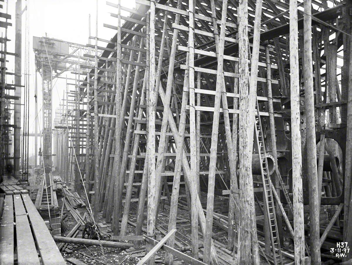 Timber staging around stern frames