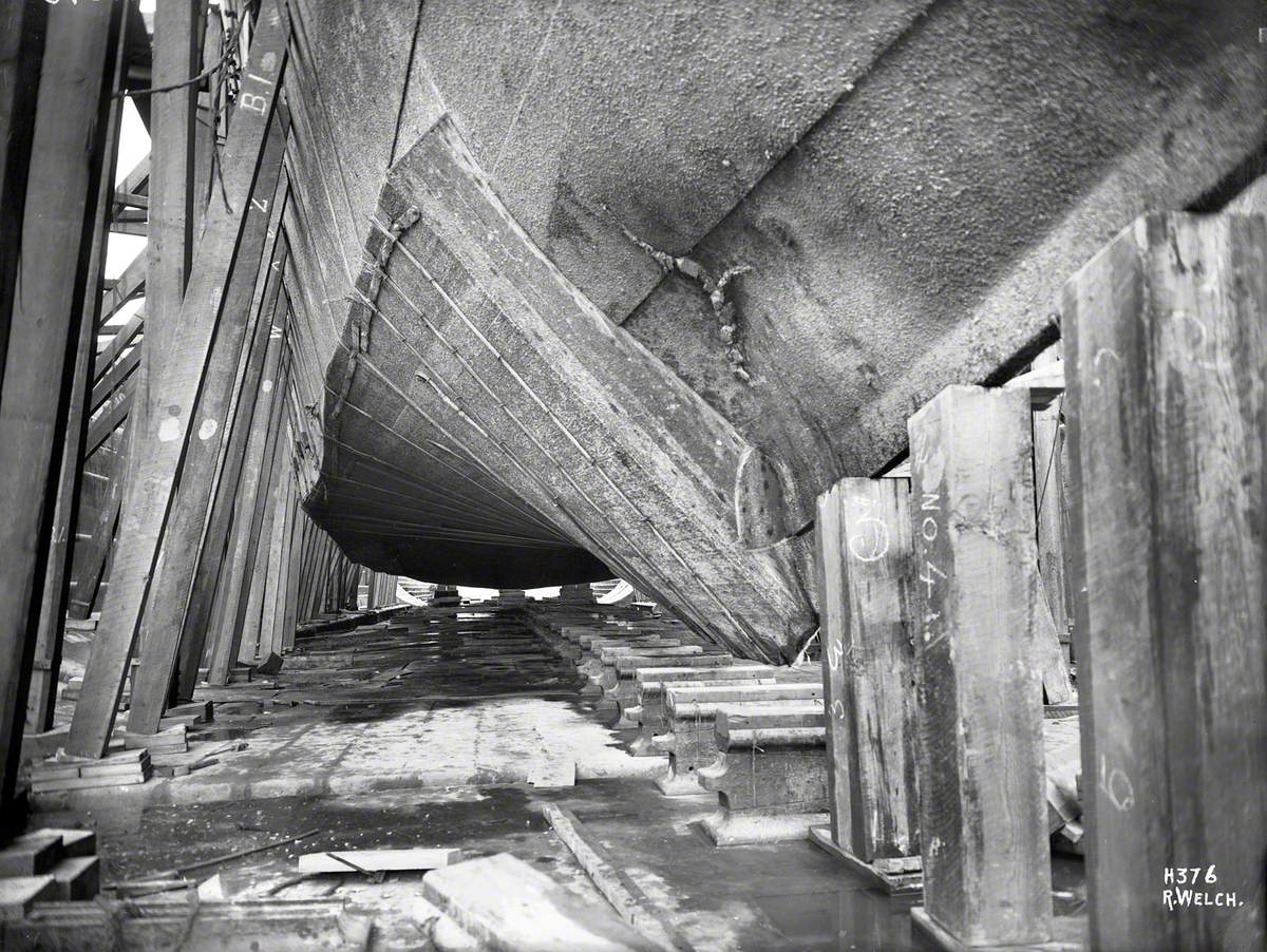 Sequence showing damaged bottom at bow section and means of providing support