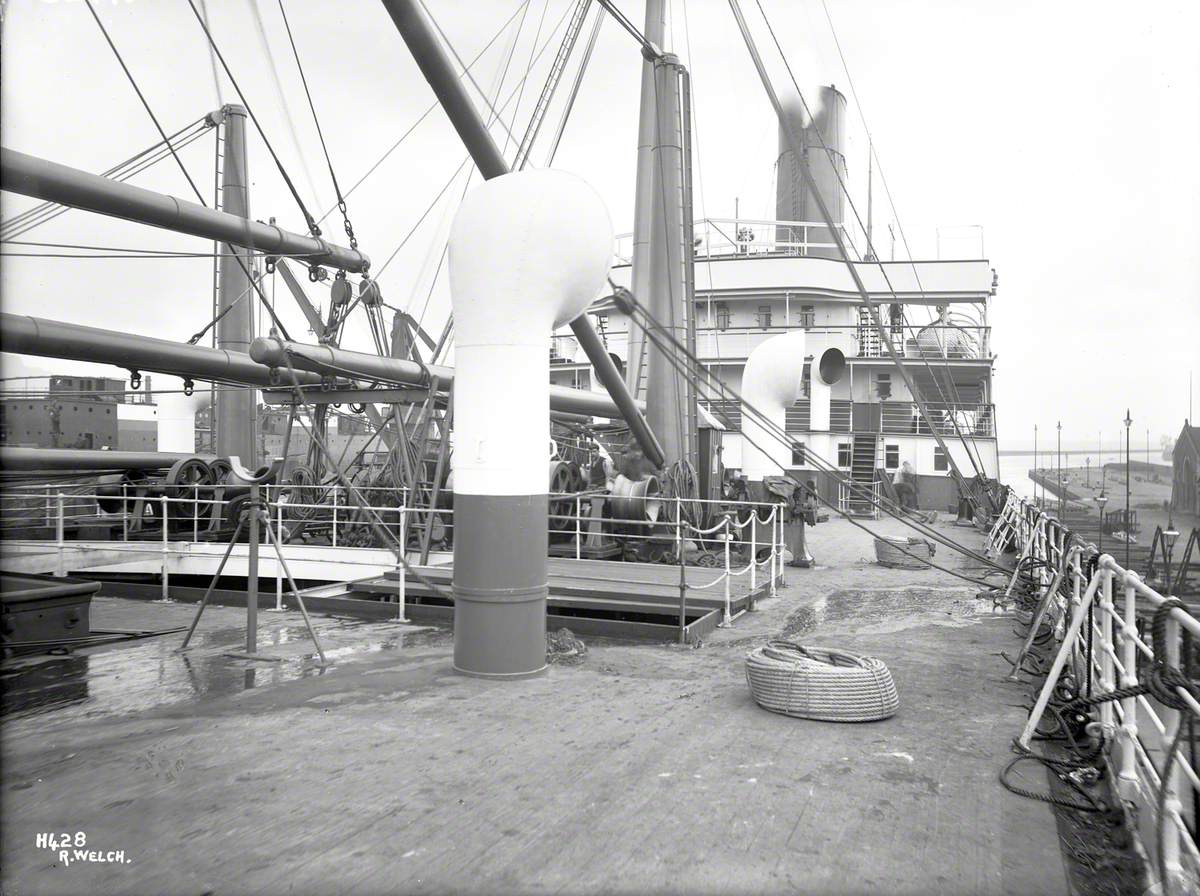 View aft from forward hatch towards bridge, while in graving dock