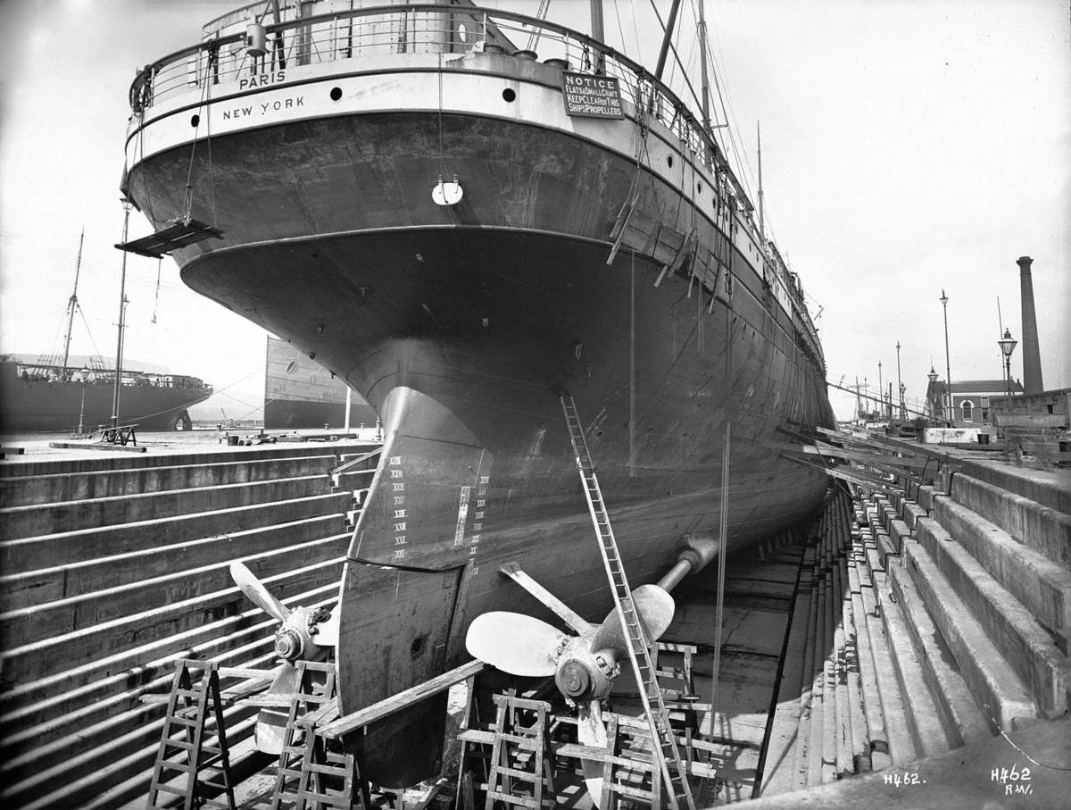 Starboard stern view in Alexandra Graving Dock for hull repairs and refitting