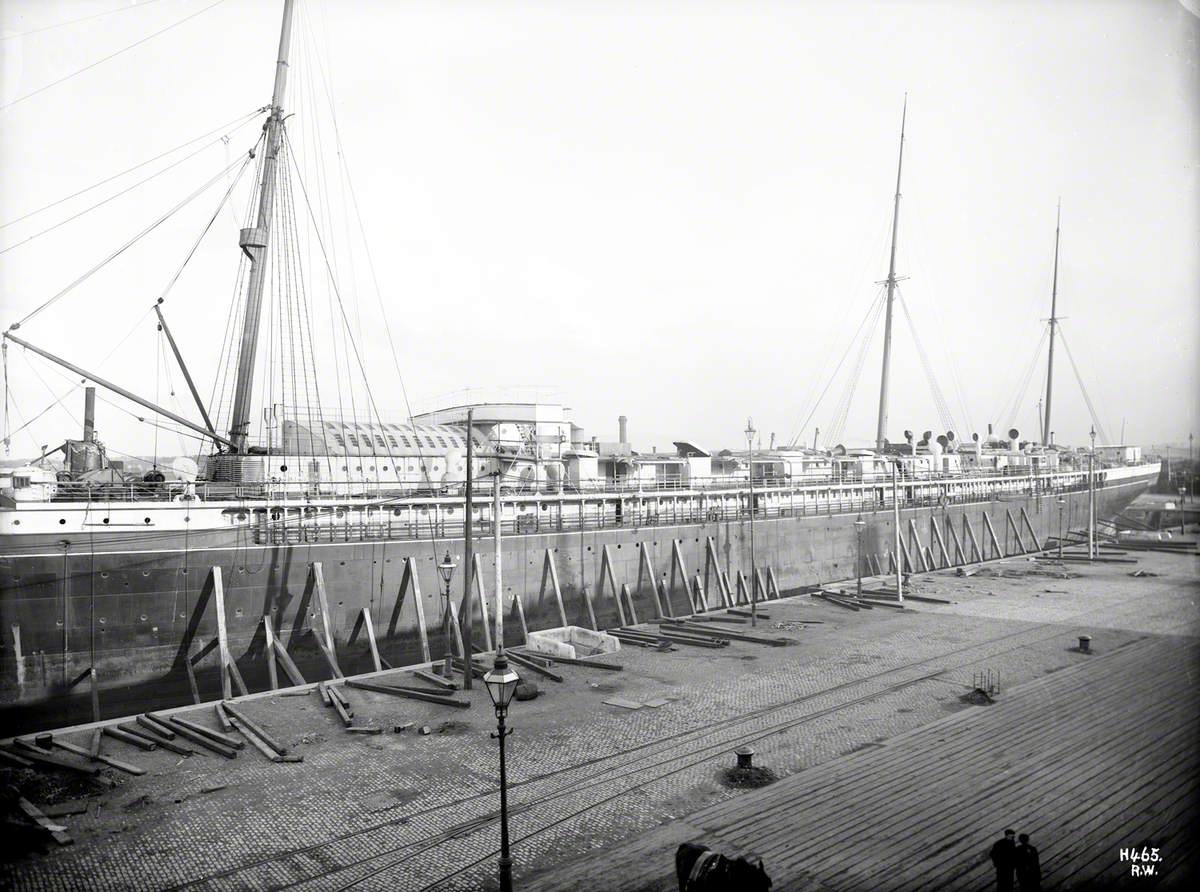 Port side view in dry dock from slightly elevated position