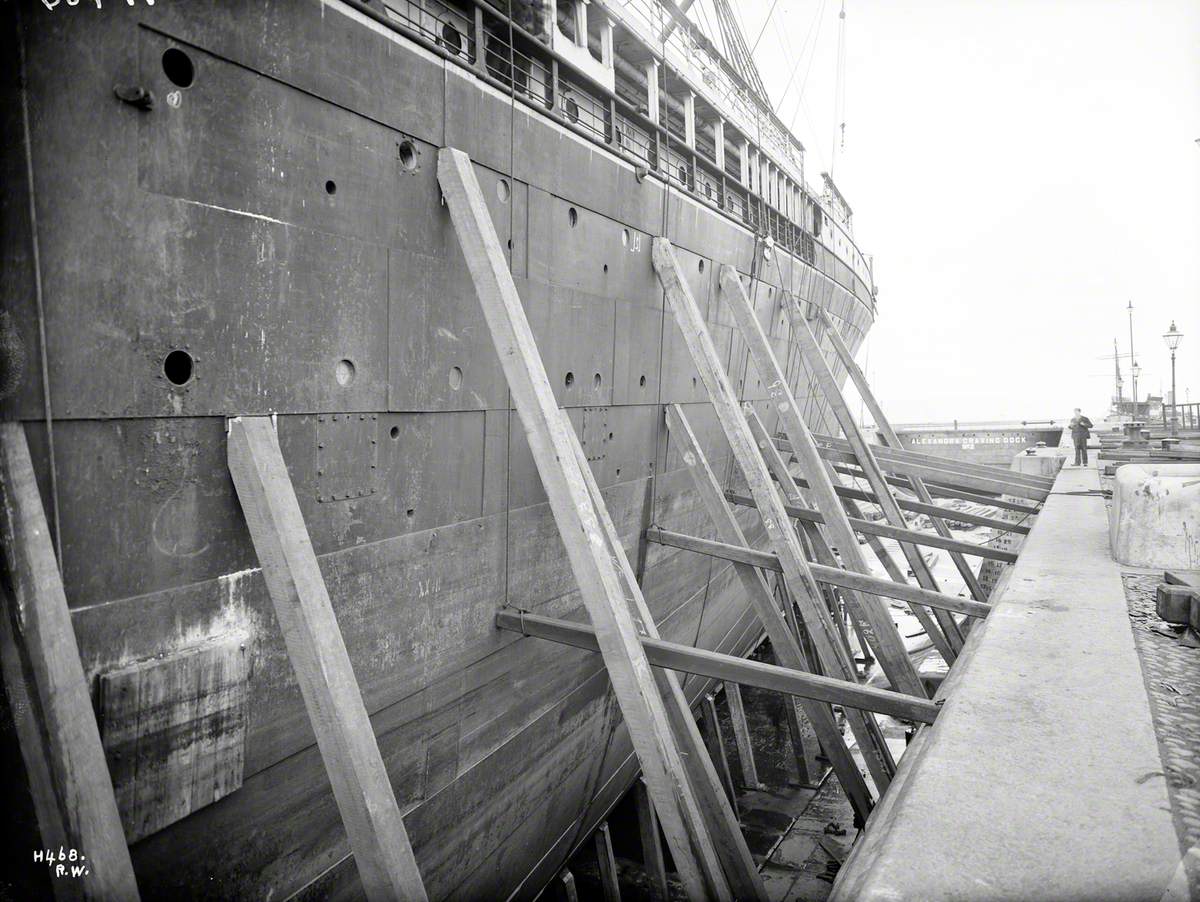 Views from dockside, showing arrangement of supporting timber shores