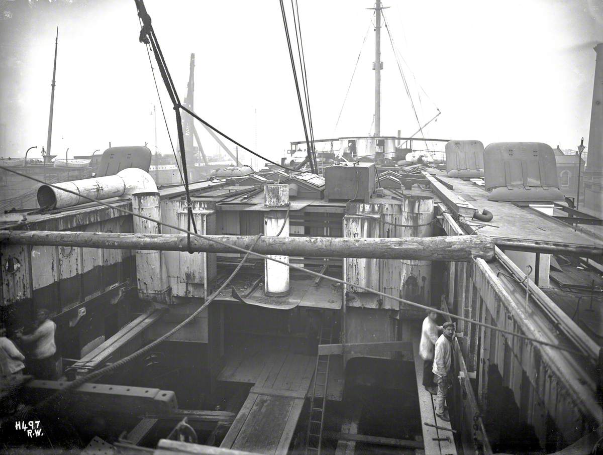 Deck view forward during refitting in dry dock