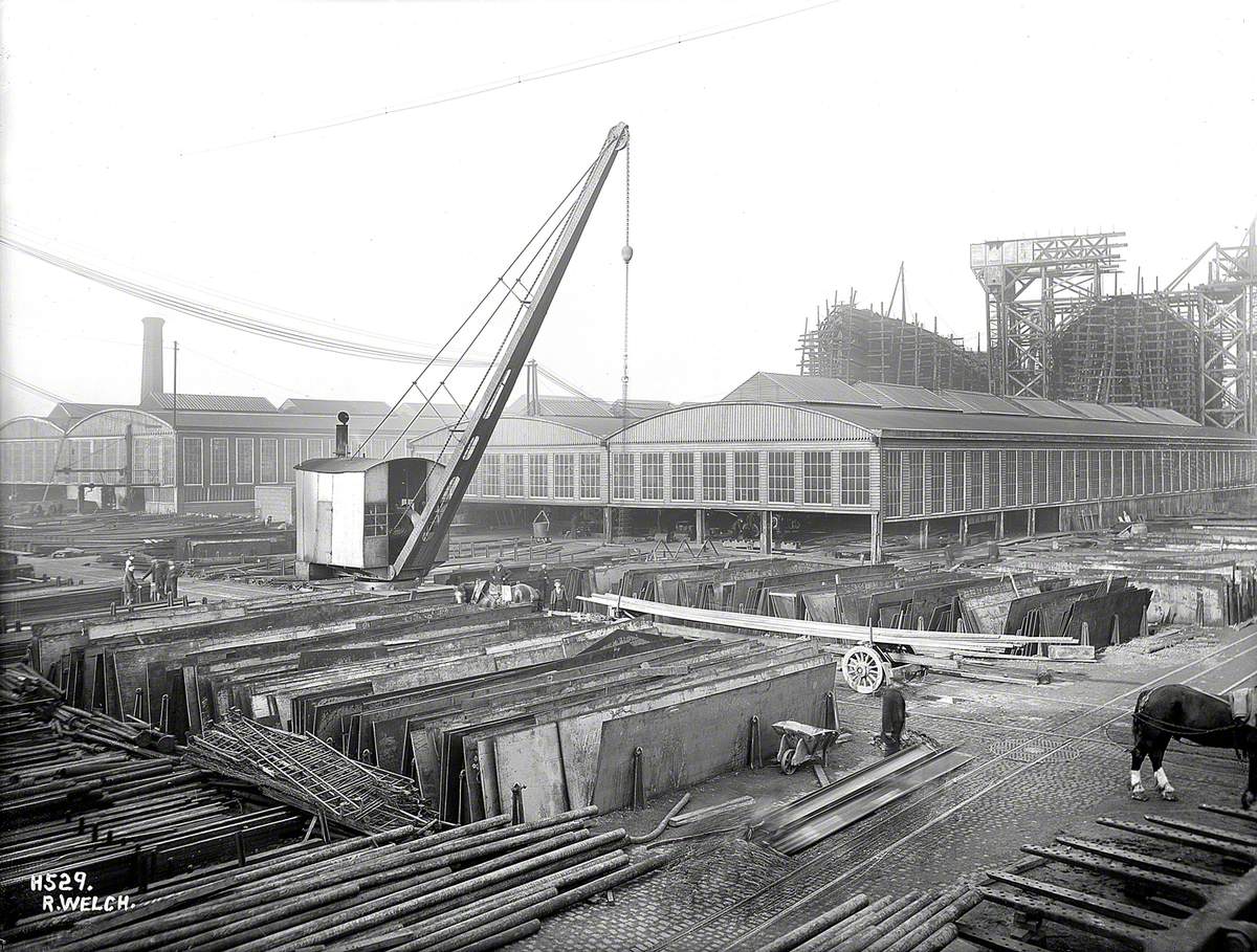 General view of stock piled plates and fitting plates north shed, North Yard