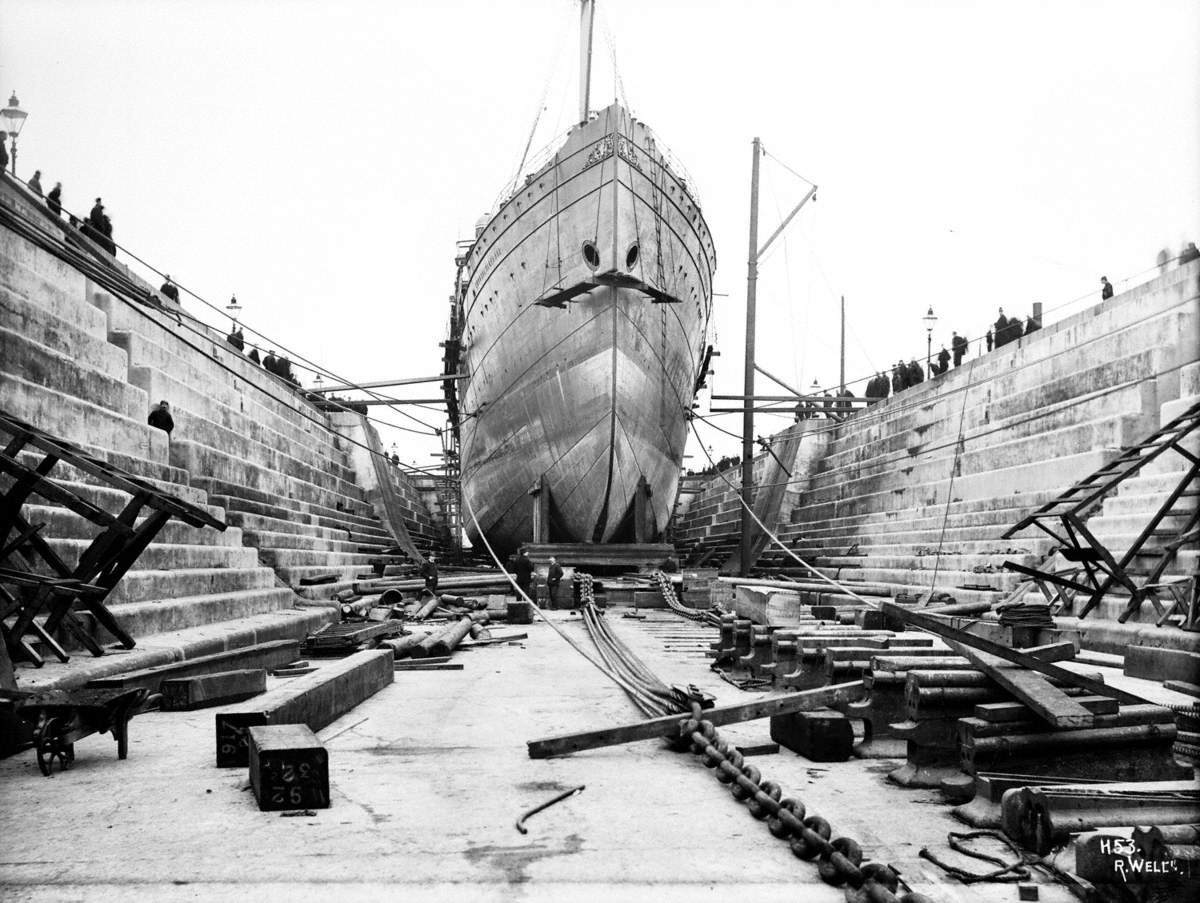 Bow view from floor of dock showing cradle and gear for seperating hull