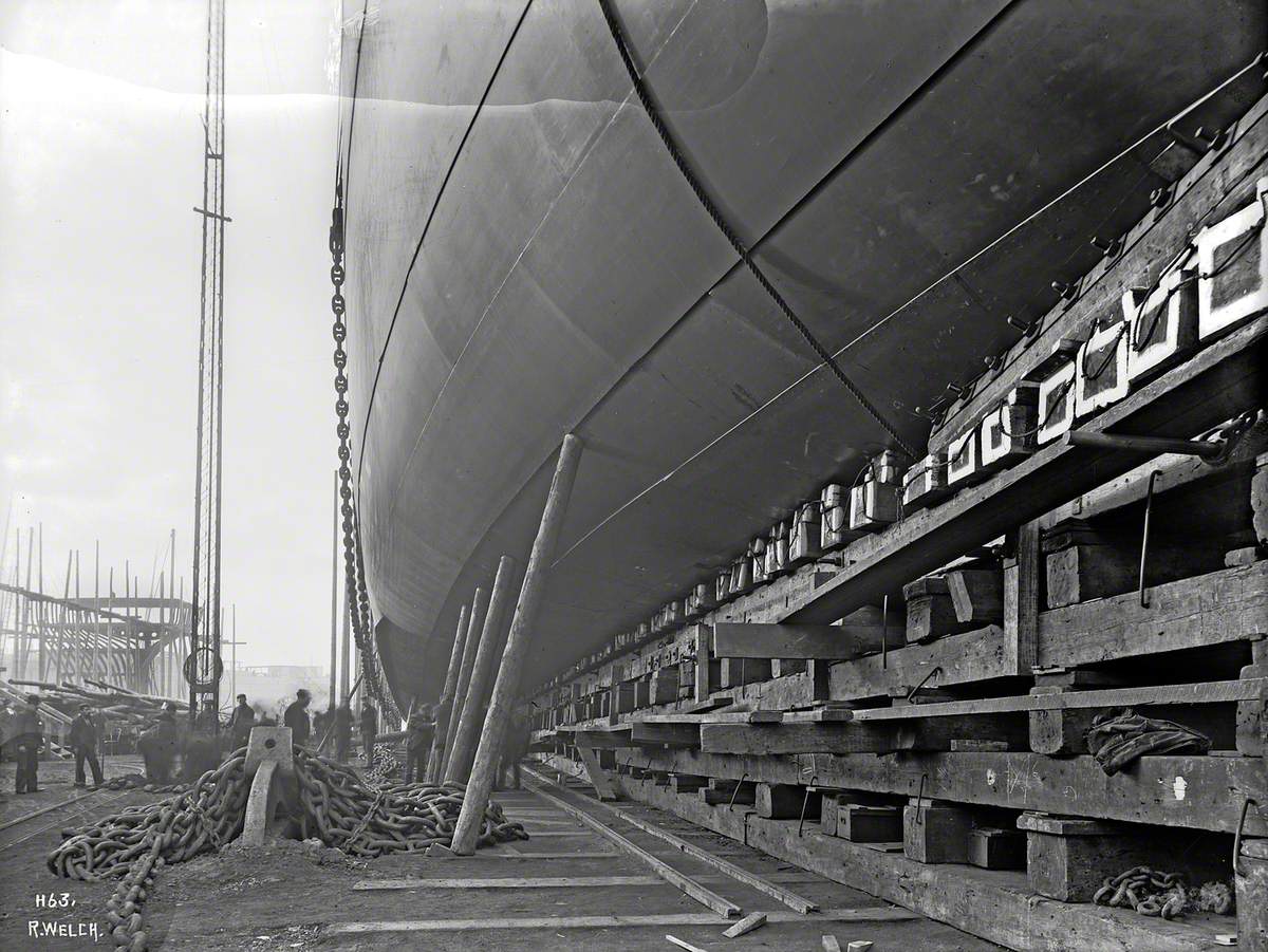 Underside of hull prior to launch, showing cradle and drag chains