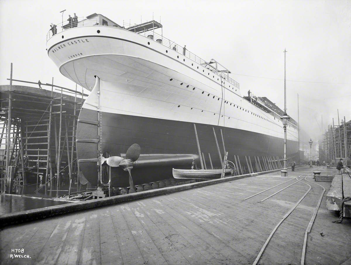 Starboard stern 3/4 view on No. 6 slip, South Yard, prior to launch