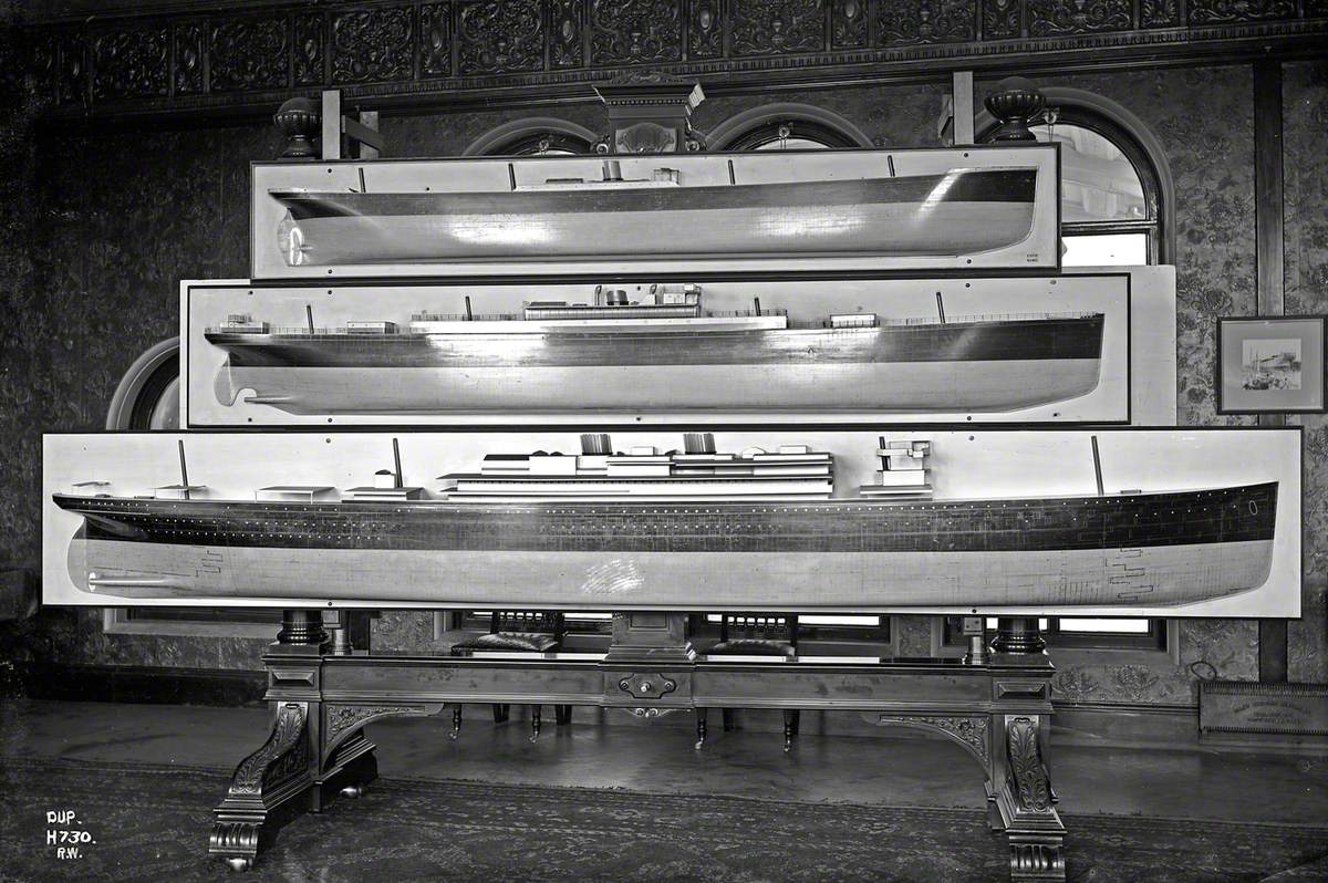 Office display of half models of White Star ships 'Culfic/Runic' (210/211), 'Cevic' (270) and 'Celtic' (335)