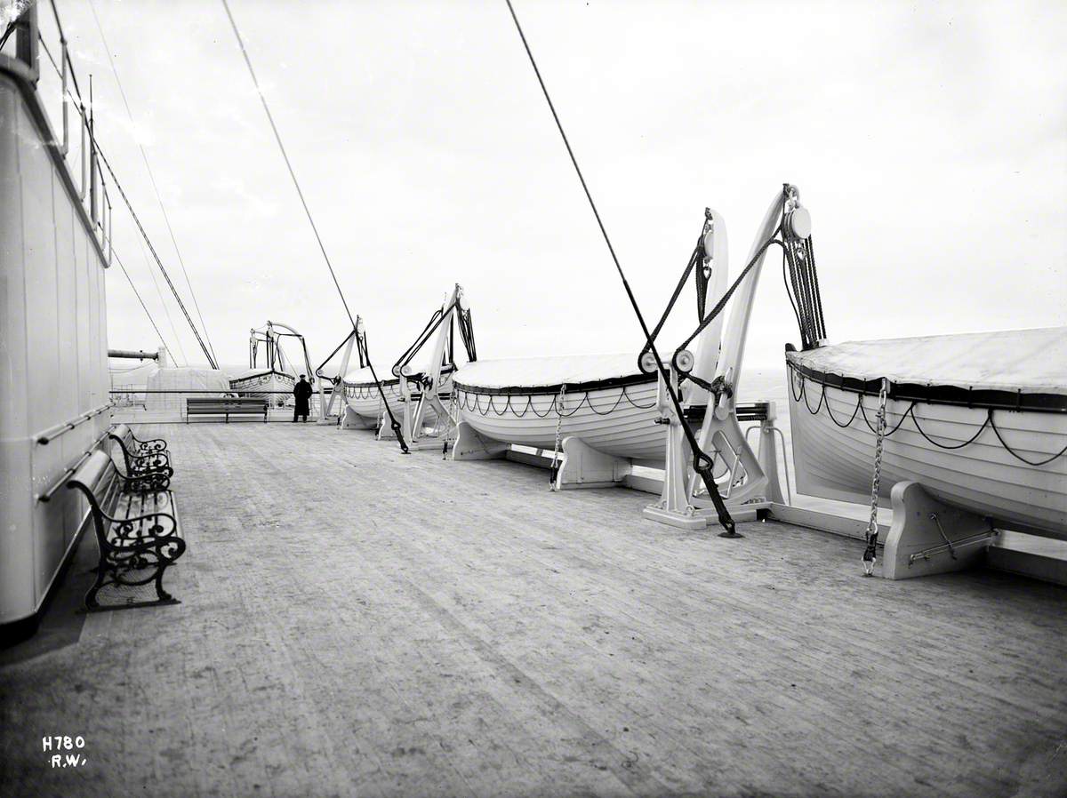 View aft, port side boat deck, ship at sea