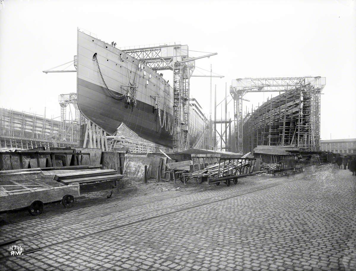 Port bow view on slip prior to launch, with 'Kenilworth Castle' (356) plated on No. 1 slip