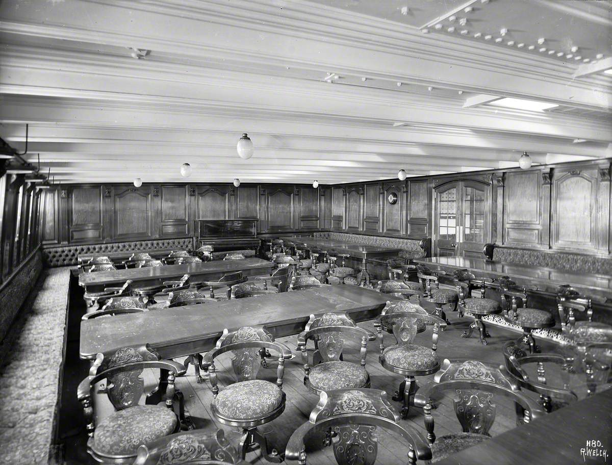 Second class dining saloon, with piano