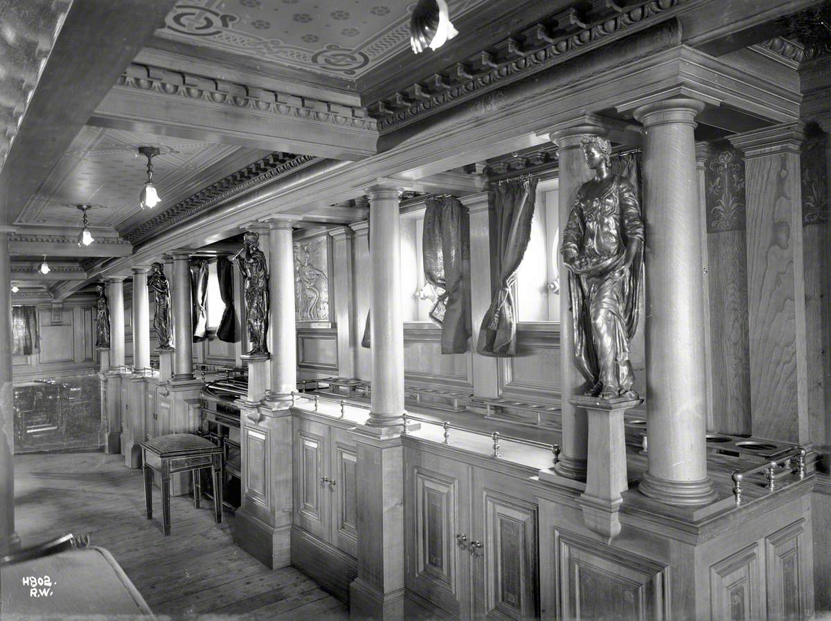Harmonium, panelling, columns and decorative figures and panels in first class dining saloon