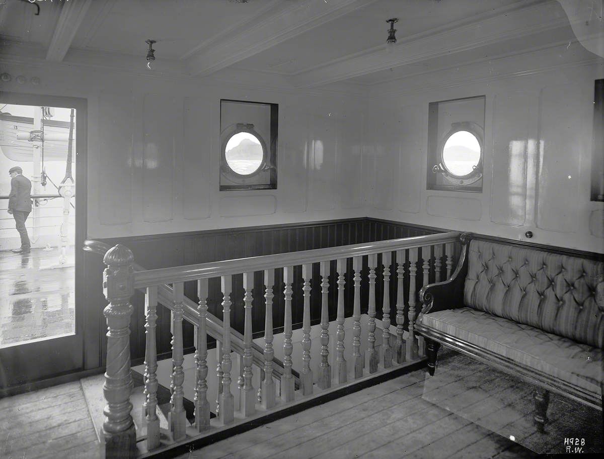 Second class stairway, landing and doorway to boat deck