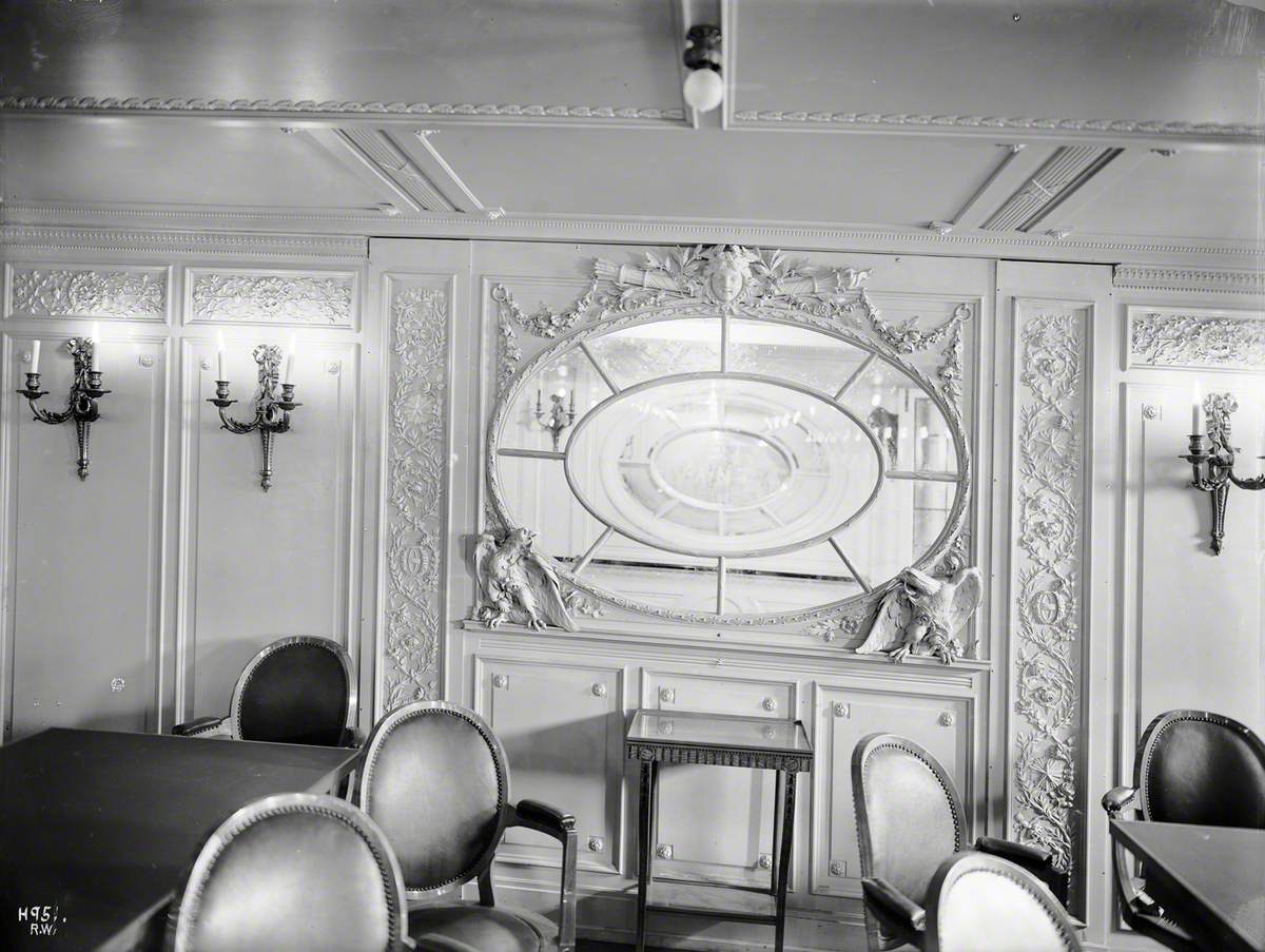 Corner and side of first class dining saloon adjacent to hallway and staircase