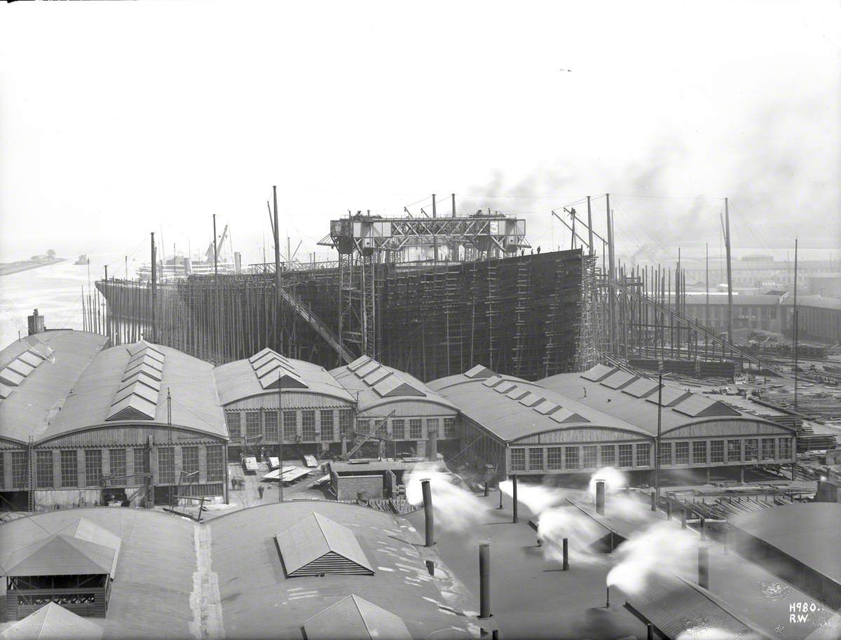 Elevated view of North Yard from B crane with starboard bow 3/4 profile of 358 under construction