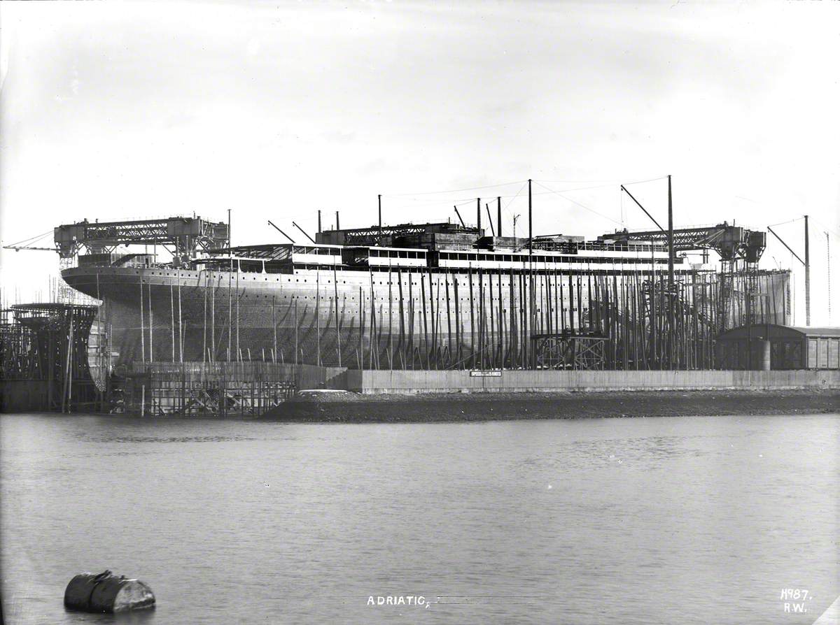 Starboard stern 3/4 profile on slip prior to launch. View across Victoria Channel