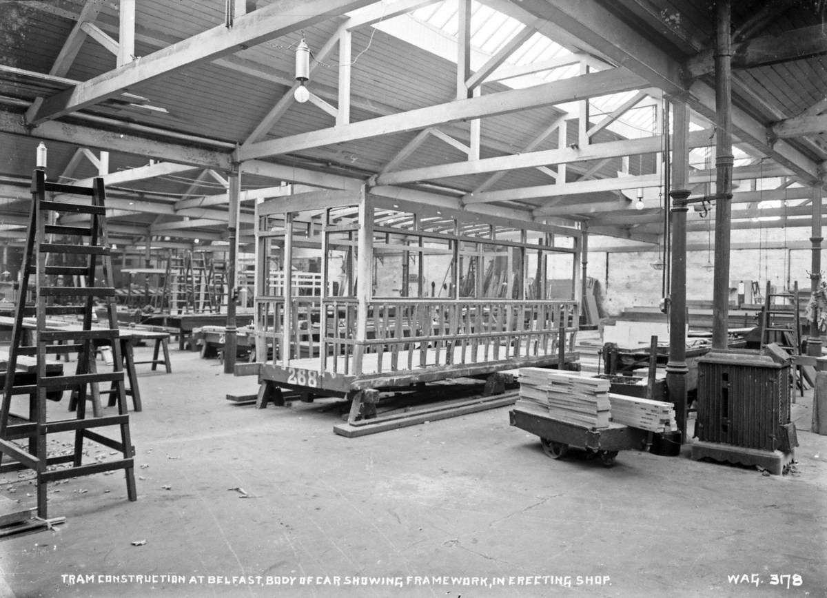 Tram Construction at Belfast, Body of Car Showing Framework, in Erecting Shop