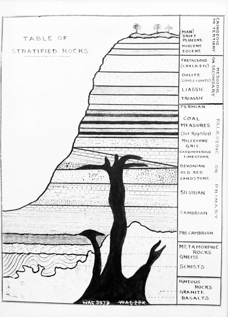 Untitled (a diagram showing a cross section and table of stratified rocks)