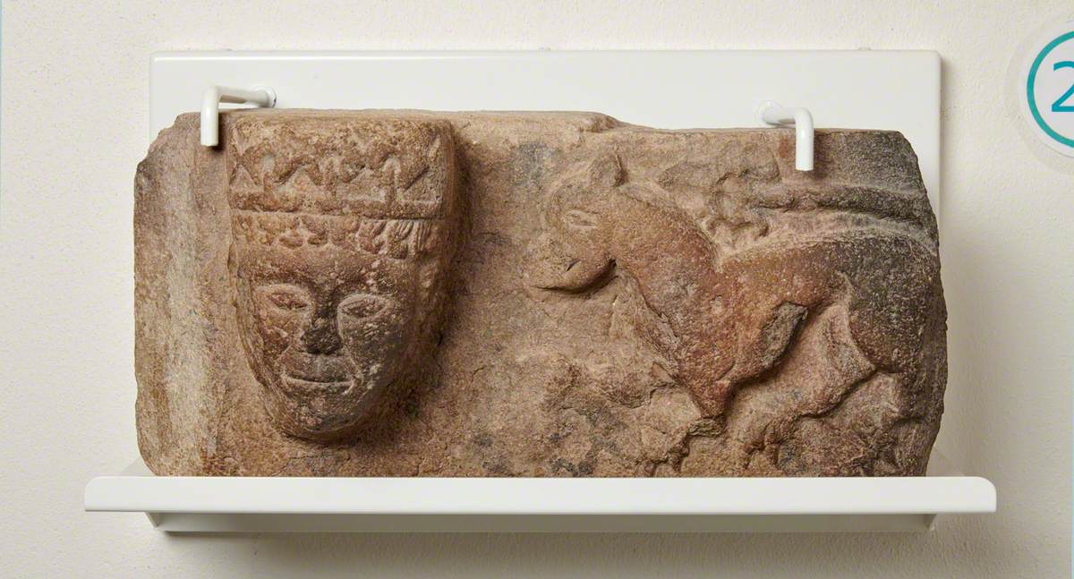 Label Stop Carved with Female Head and Heraldic Animal