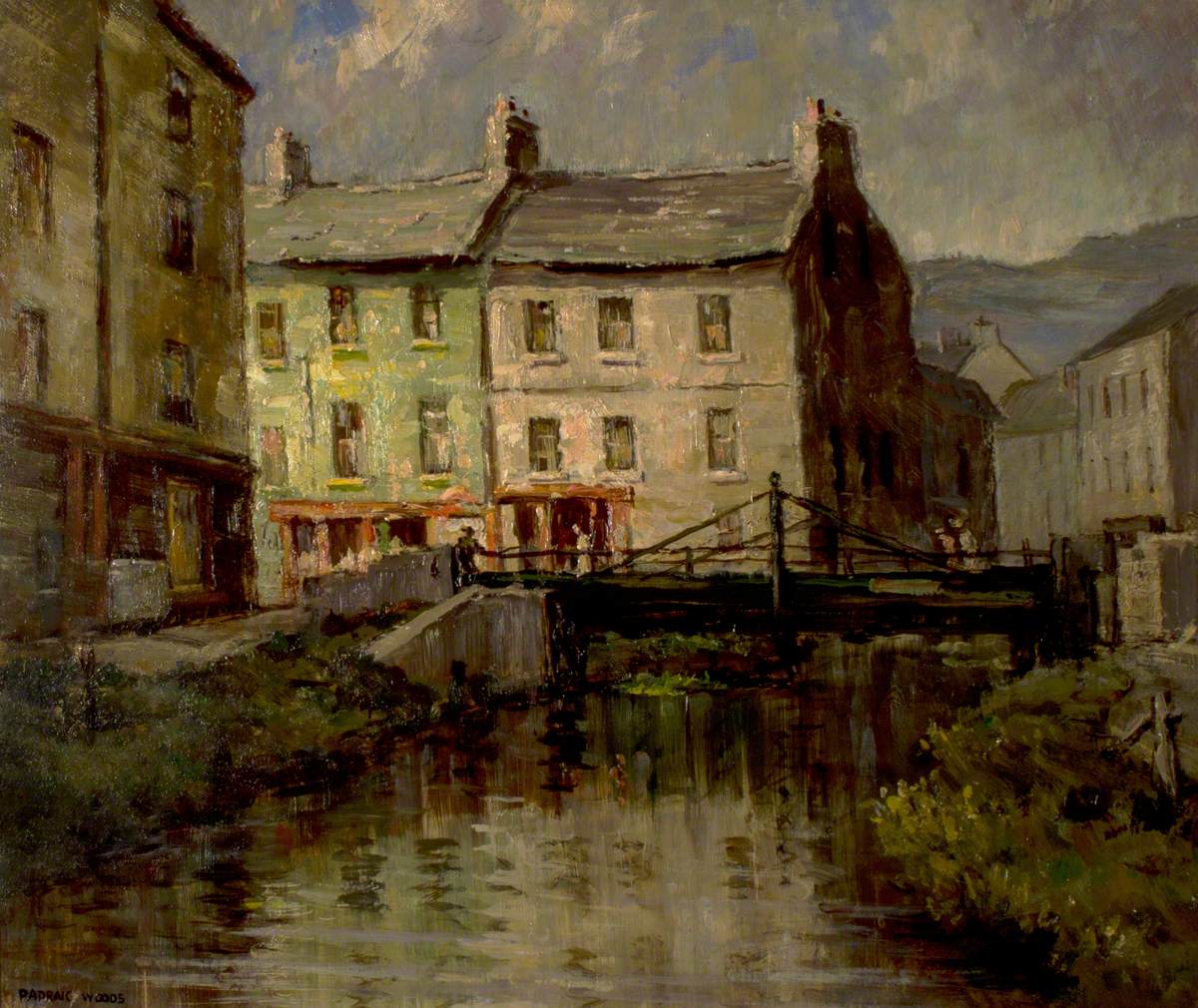 Newry Town Scene with a River and a Bridge