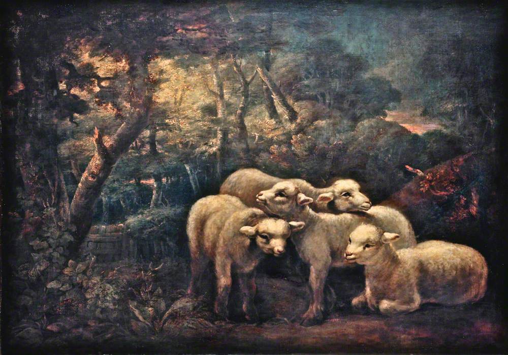 A Forest Scene with Four Lambs