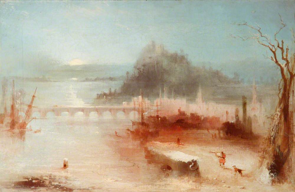 A Town on the Rhine, with a Bridge and a Castle on a Height – Sunrise