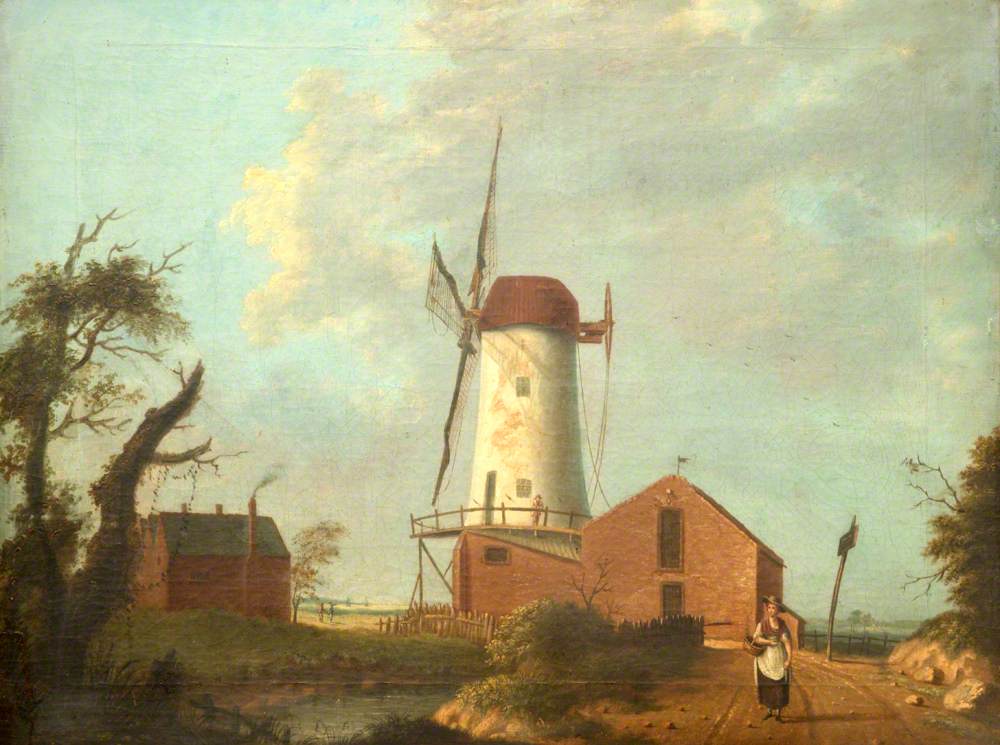 A Windmill near an Estuary with Distant Shipping