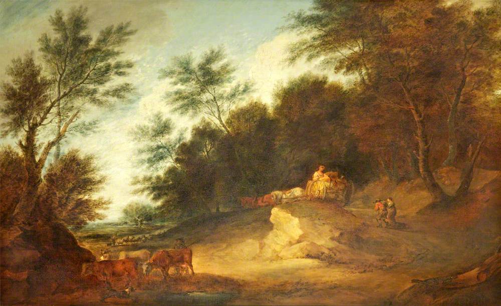Wooded Landscape with Figures in a Country Cart and Cattle