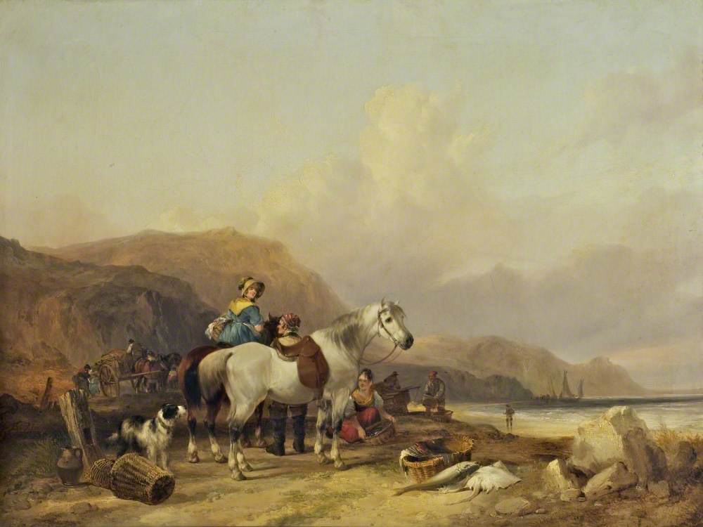 Fisherfolk with a White Horse on the Shore