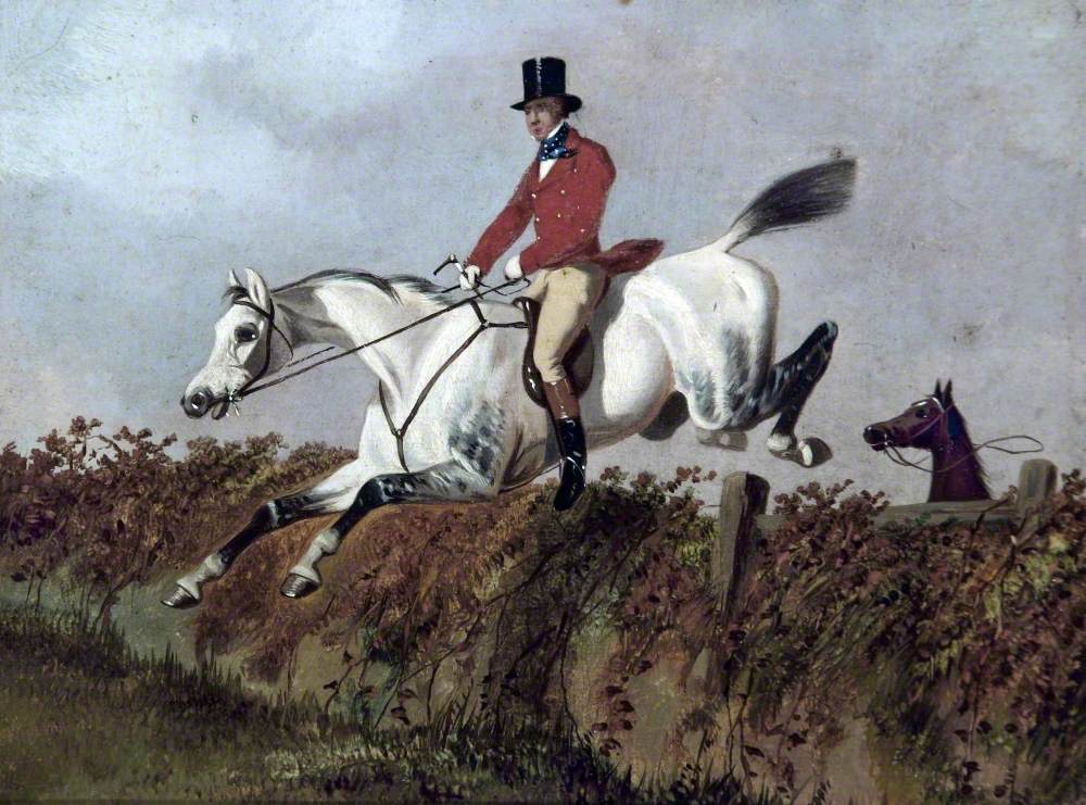 Gentleman on a Grey Horse Taking a Fence