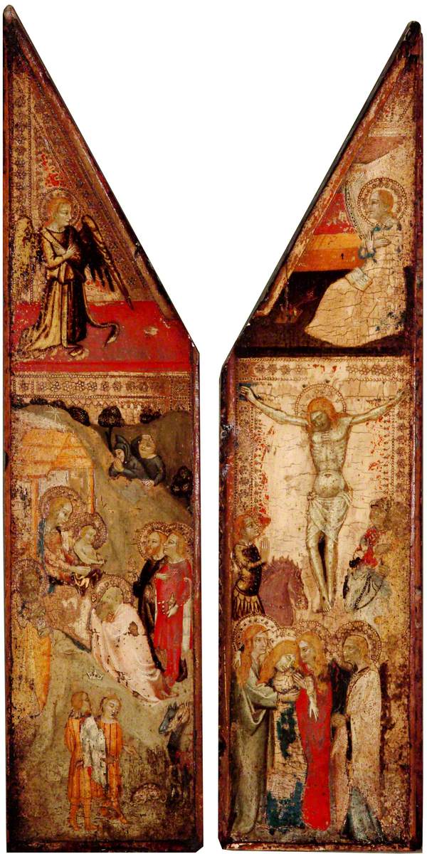 Two Wings of a Triptych: The Archangel Gabriel with the Adoration of the Magi and the Shepherds (left), and the Virgin Mary with the Crucifixion (right)