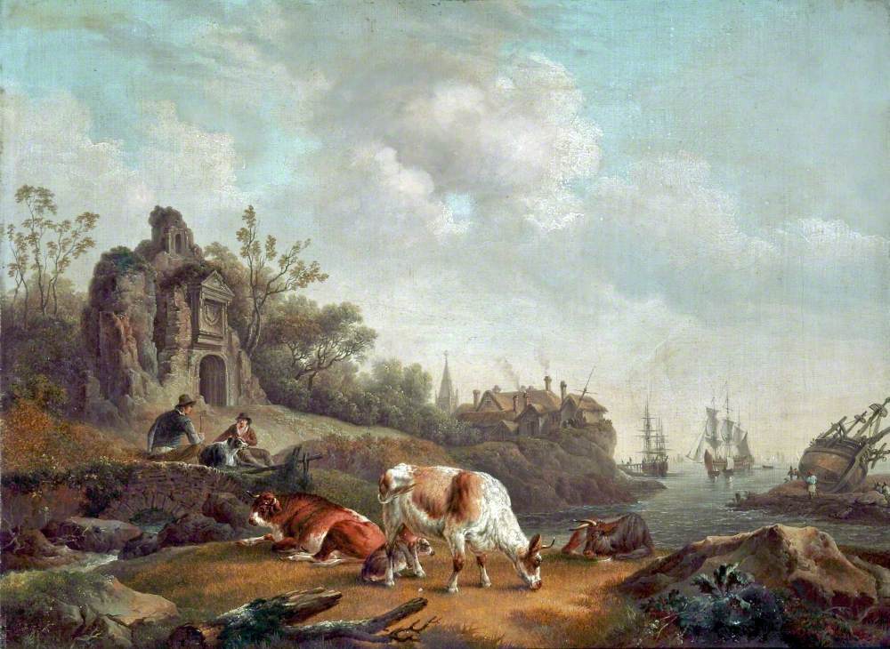 Drovers and Cattle Resting on a Seashore with a Distant Harbour