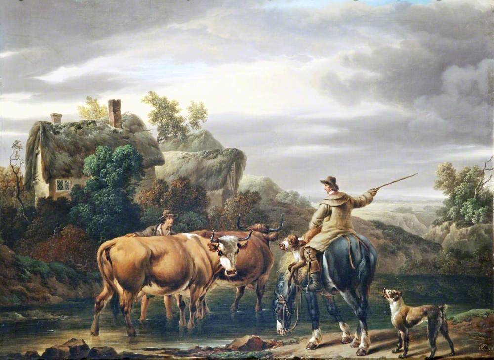 Farmer on Horseback Carrying a Calf