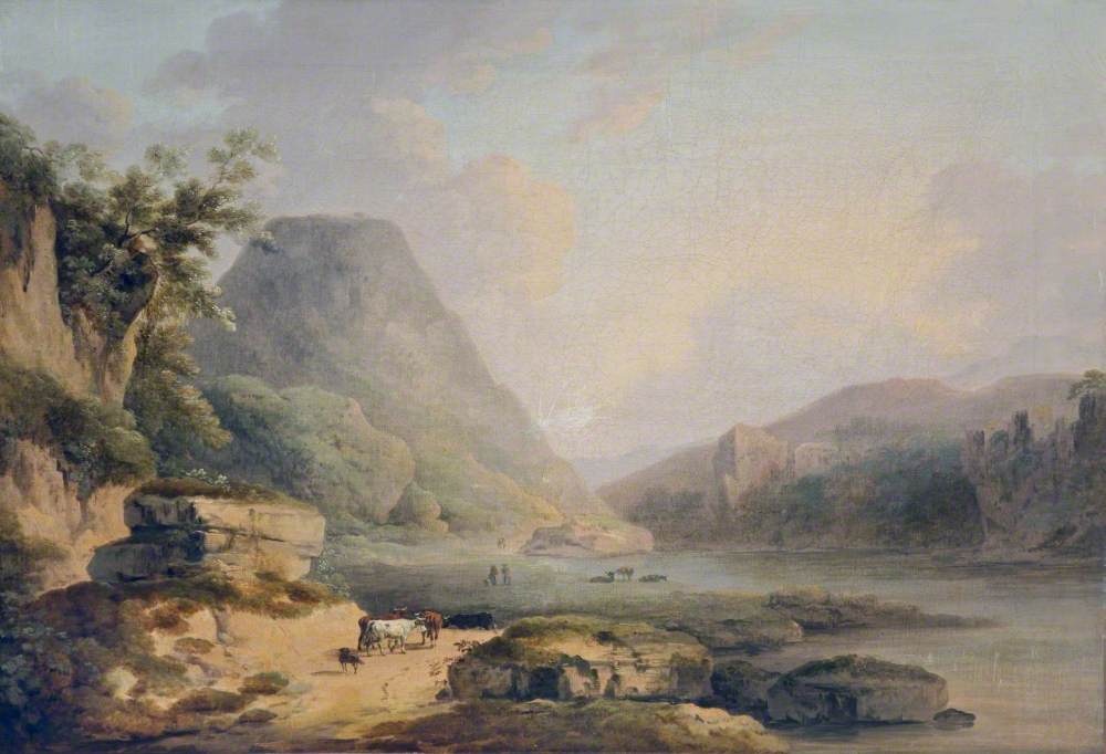 Mountain Landscape with Cattle on a Lakeside Path