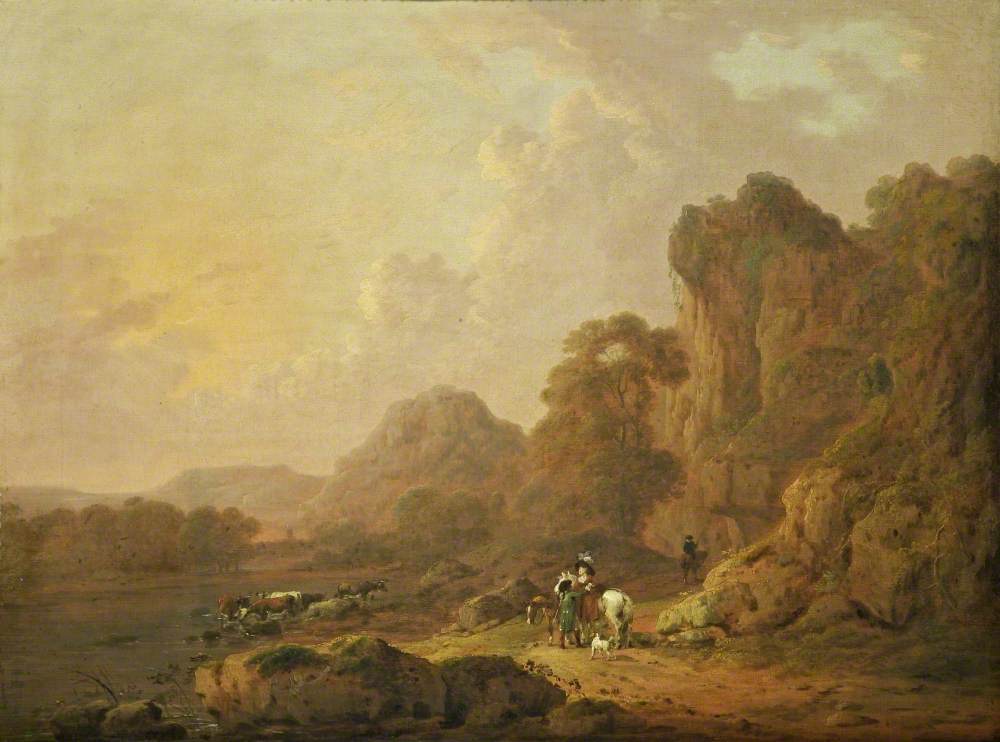 Mountain Landscape with Travellers on a Lakeside Path