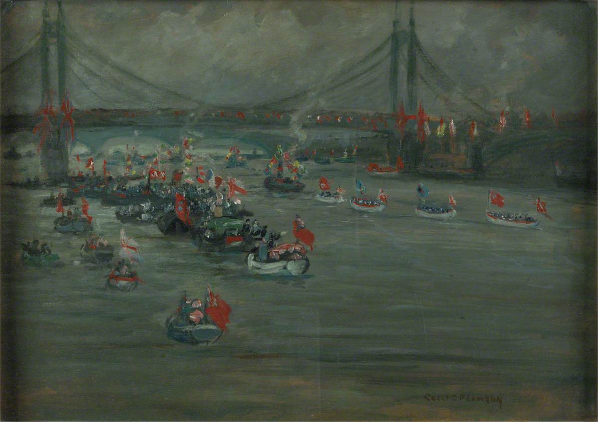 The Peace Pageant River Procession Approaching the Albert Bridge and Battersea Bridge, 4 August 1919