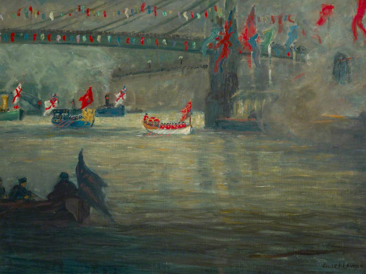The Peace Pageant River Procession under the Albert Bridge (?), 4 August 1919