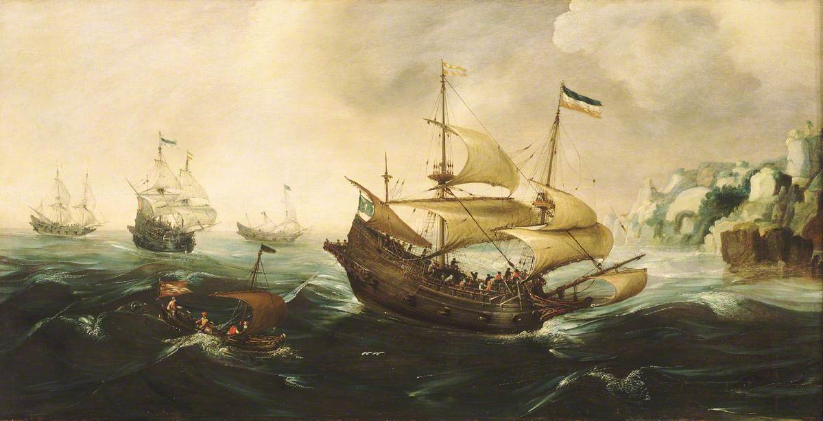Dutch Ships Sailing off a Rocky Shore