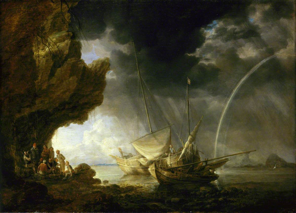Seascape with Sailors Sheltering from a Rain Storm