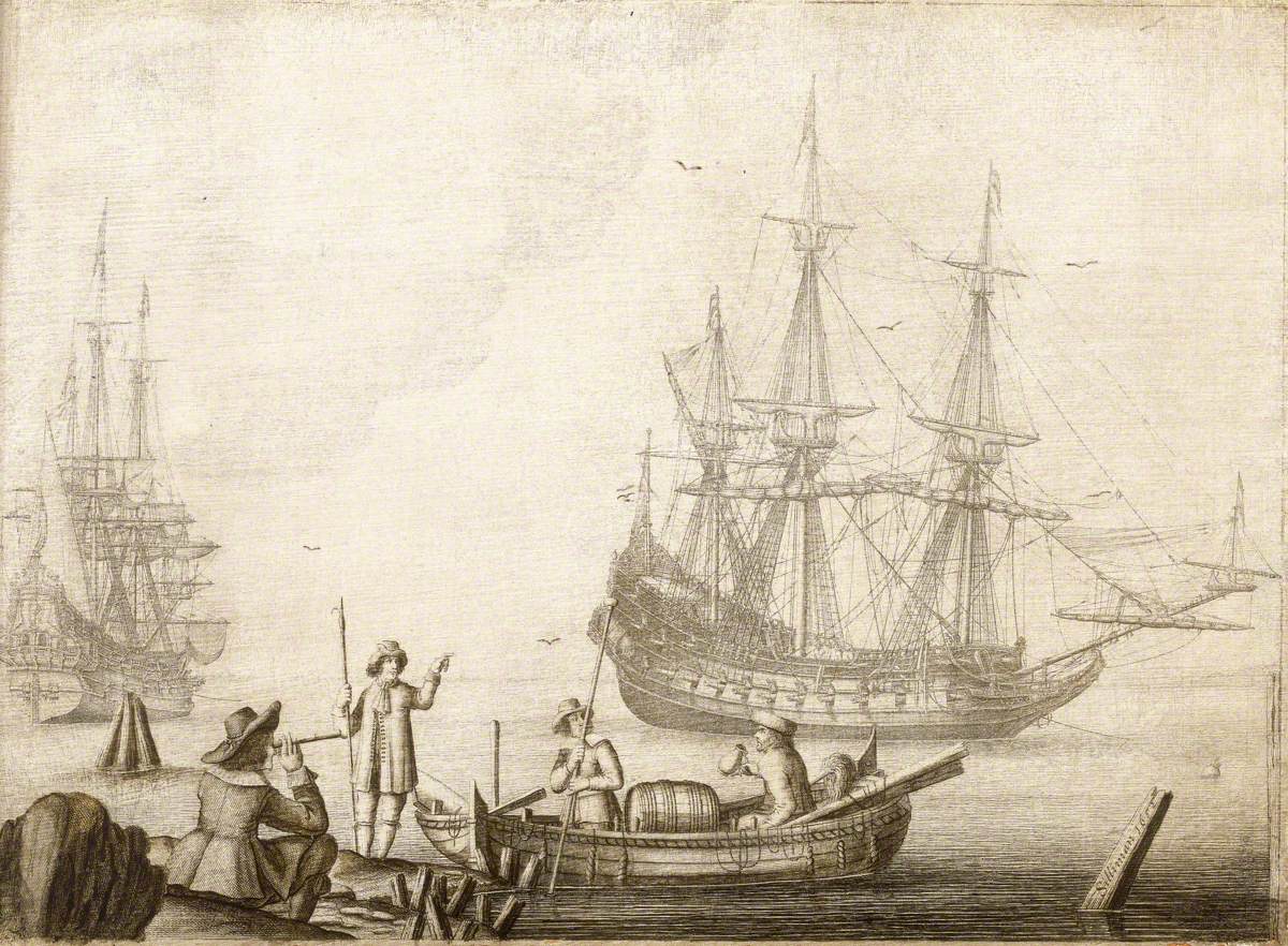 Men in a Boat near Two Dutch Ships