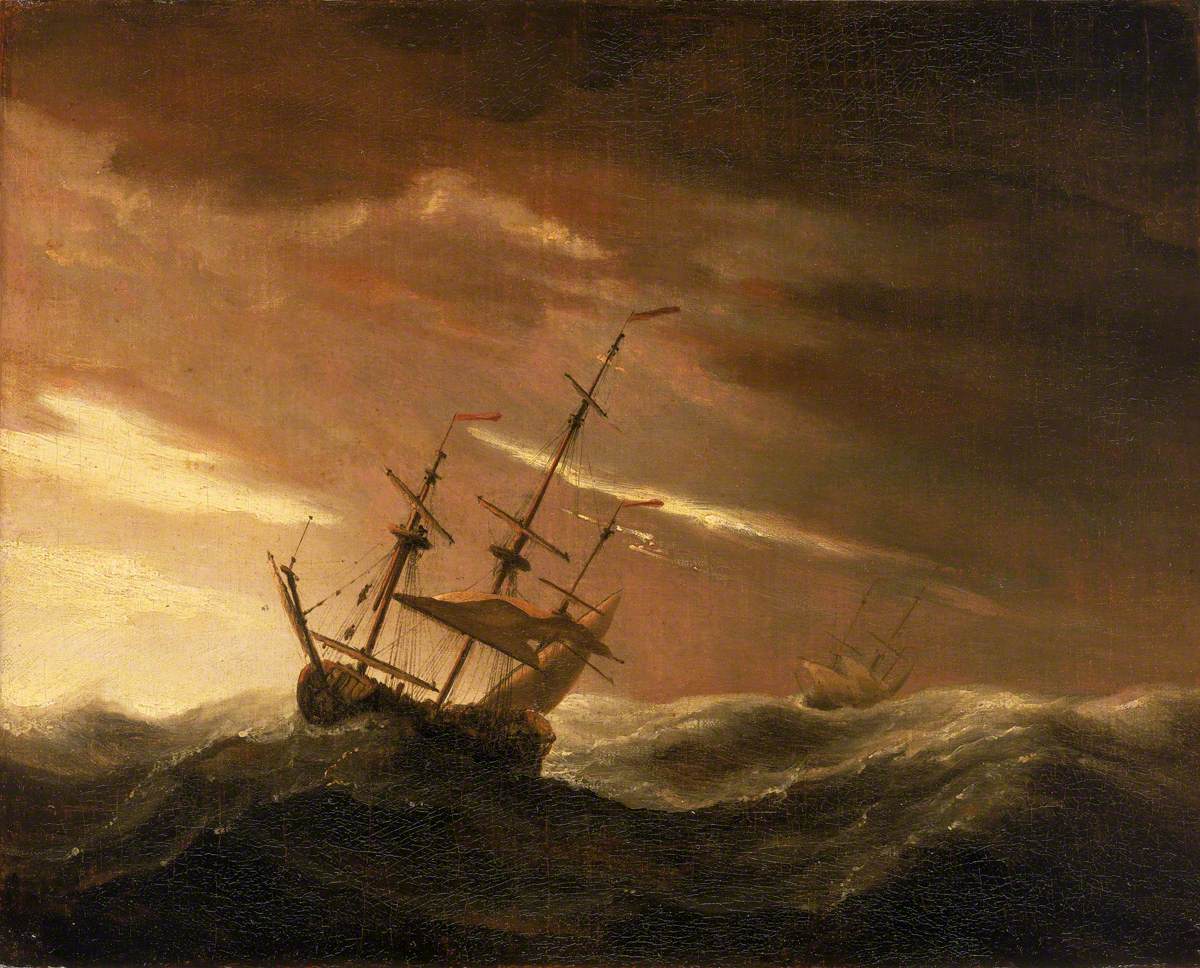 An English Ship at Sea Lying-To in a Gale