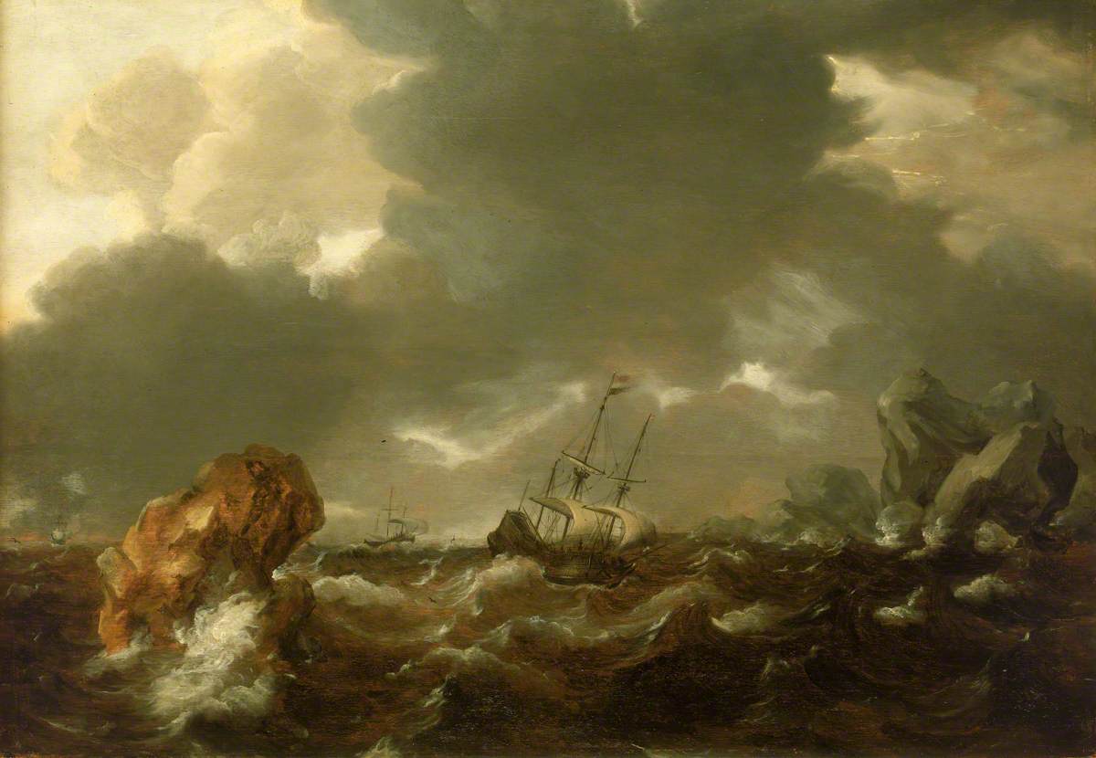 A Dutch Merchant Ship Running between Rocks in Rough Weather