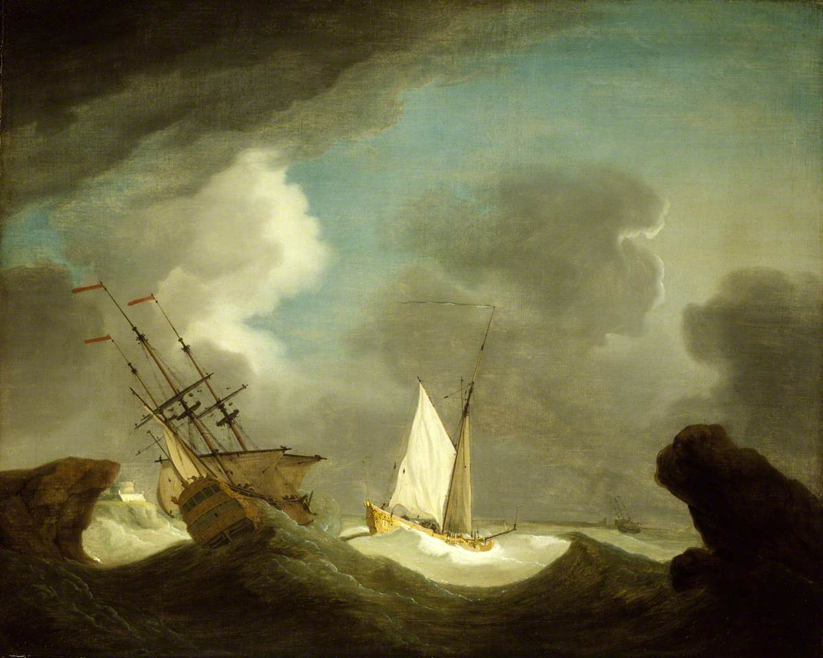 An Indiaman and a Royal Yacht in a Storm off a Rocky Coast with a Castle