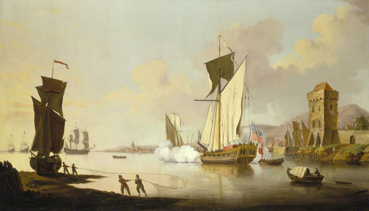 Fishing Scene, with a Yacht Beached near the Shore